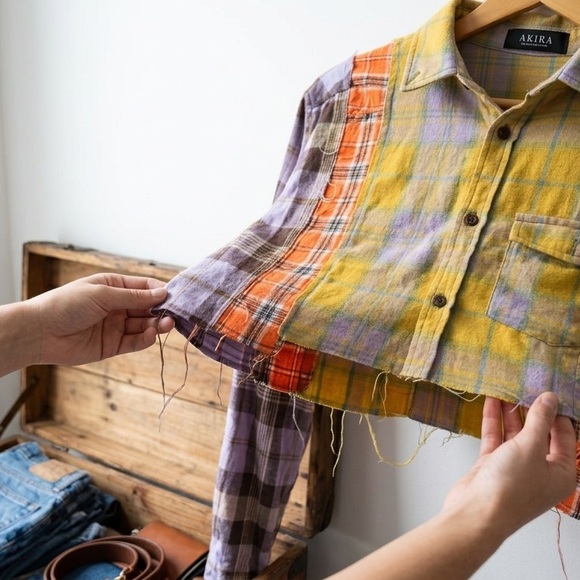 AKIRA Tops - AKIRA Yellow & Lavender Plaid Cropped Button-Up